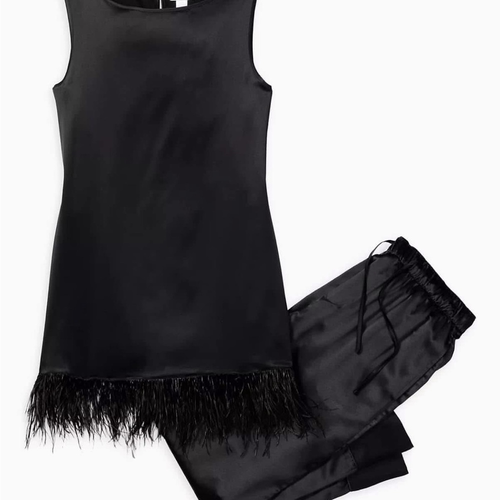 Petite Plume 100% silk two-piece black pajama lounge feather pants blouse tunic